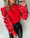 Floral Pattern Long Sleeve See Through Sheer Mesh Tops Pullover Tee Shirt red