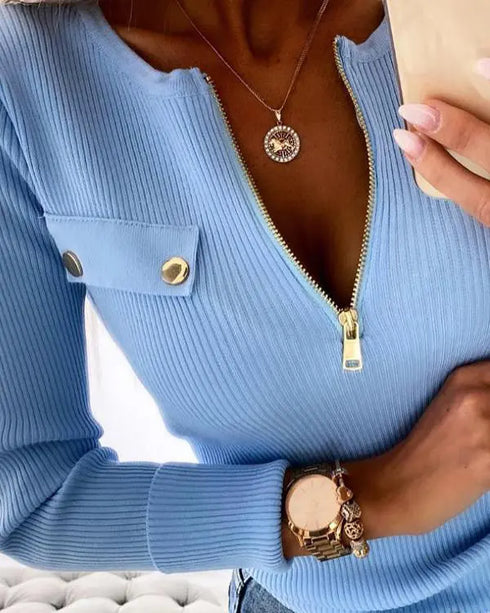 Crewneck Long Sleeve Ribbed Top Half Zipper Design Casual Pullover Tops blue