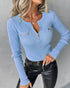Crewneck Long Sleeve Ribbed Top Half Zipper Design Casual Pullover Tops blue