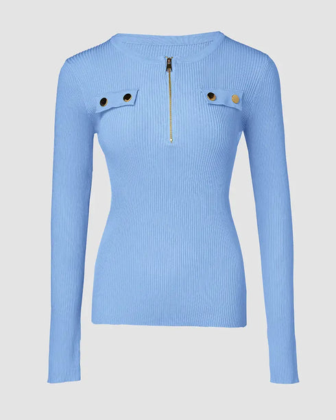Crewneck Long Sleeve Ribbed Top Half Zipper Design Casual Pullover Tops blue