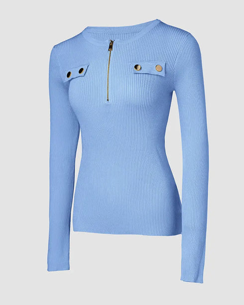 Crewneck Half Zipper Flap Detail Knit Sweater Long Sleeve Slim Fit Ribbed Pullover Top blue