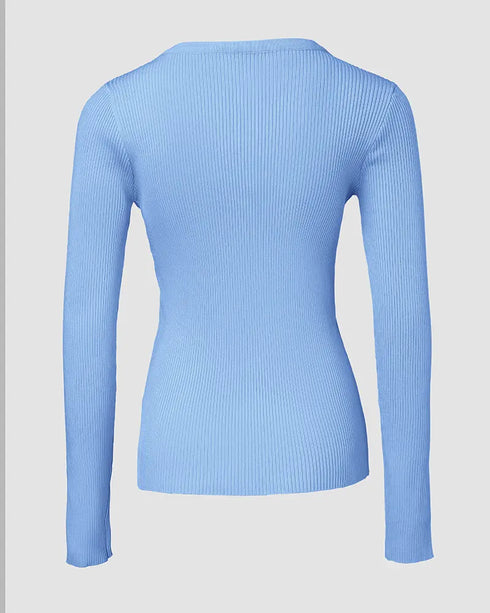 Crewneck Half Zipper Flap Detail Knit Sweater Long Sleeve Slim Fit Ribbed Pullover Top blue