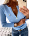 Crewneck Half Zipper Flap Detail Knit Sweater Long Sleeve Slim Fit Ribbed Pullover Top blue
