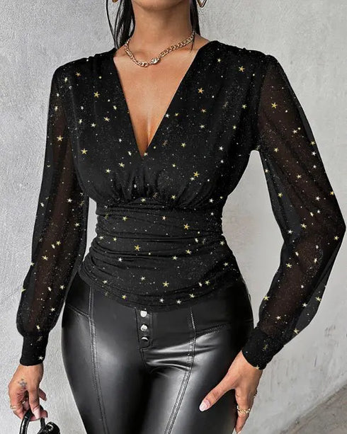 Deep V-Neck Rhinestone Decor Mesh Patchwork Lantern Sleeves Blouse Ruched Slim Fit Top black