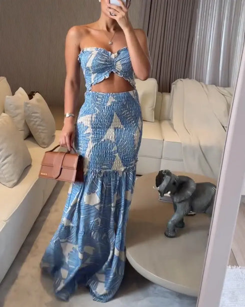 Floral Print Bandeau Sleeveless Shirred Hollow-out Maxi Dress blue