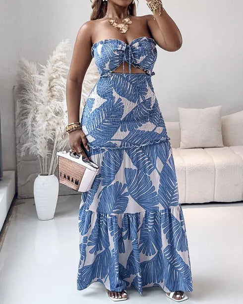 Tropical Print Halter Tie Shirred Frill Trim Cinched Waist Vacation Dress Ruched Cutout Front Slim Fit Ruffle Hem Mermaid Dress blue