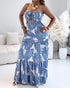 Floral Print Bandeau Sleeveless Shirred Hollow-out Maxi Dress blue