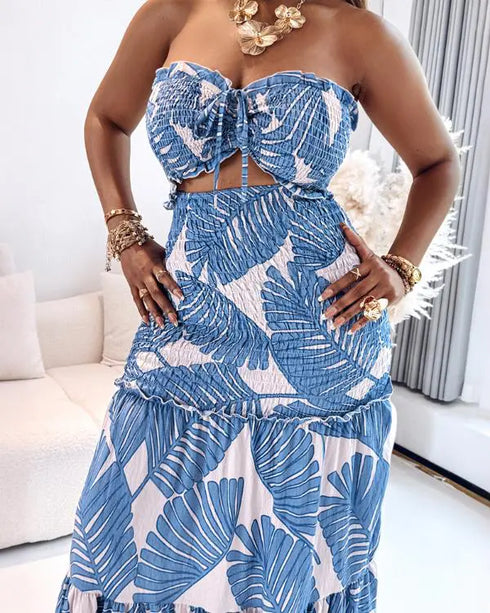 Floral Print Bandeau Sleeveless Shirred Hollow-out Maxi Dress blue