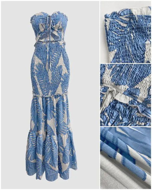 Tropical Print Halter Tie Shirred Frill Trim Cinched Waist Vacation Dress Ruched Cutout Front Slim Fit Ruffle Hem Mermaid Dress blue