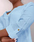 V-Neck Roll Up Sleeve Back Button Blouse Casual Top with Pocket Lighted Blue