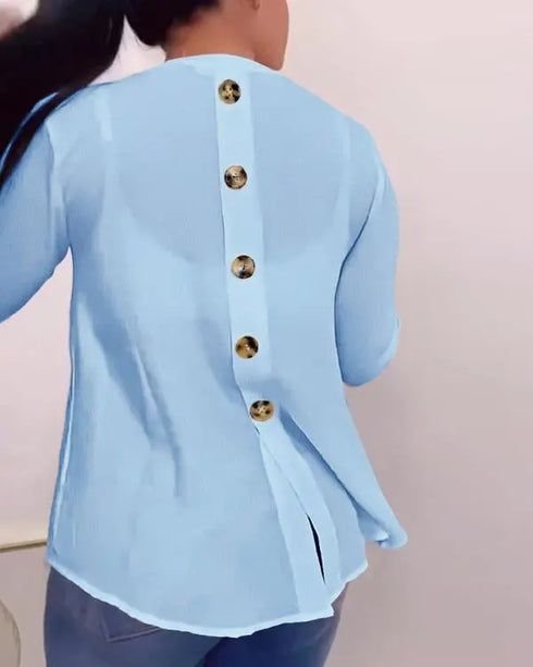 V-Neck Roll Up Sleeve Back Button Blouse Casual Top with Pocket Lighted Blue