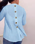 V-Neck Roll Up Sleeve Back Button Blouse Casual Top with Pocket Lighted Blue