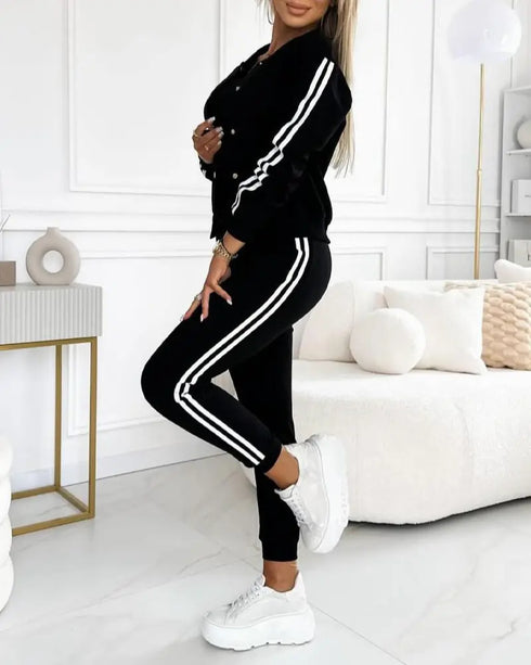 3 Pieces Outfit Snap Buttons Front Coat and Elastic Waist Seam Front Stretchy Cuffs Pants Set with Tank Top Casual Contrast Side Striped Tracksuit black
