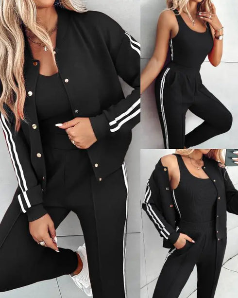 3 Pieces Outfit Snap Buttons Front Coat and Elastic Waist Seam Front Stretchy Cuffs Pants Set with Tank Top Casual Contrast Side Striped Tracksuit black
