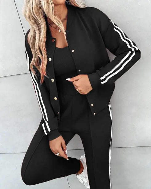 3 Pieces Outfit Snap Buttons Front Coat and Elastic Waist Seam Front Stretchy Cuffs Pants Set with Tank Top Casual Contrast Side Striped Tracksuit black
