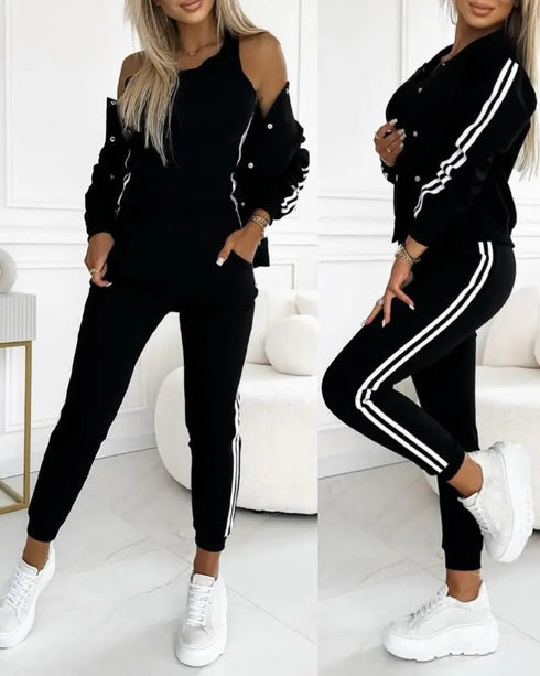 3 Pieces Outfit Snap Buttons Front Coat and Elastic Waist Seam Front Stretchy Cuffs Pants Set with Tank Top Casual Contrast Side Striped Tracksuit black