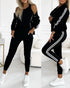 3 Pieces Outfit Snap Buttons Front Coat and Elastic Waist Seam Front Stretchy Cuffs Pants Set with Tank Top Casual Contrast Side Striped Tracksuit black