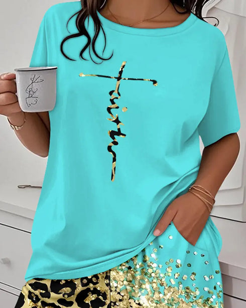 2 Pieces Outfit Graphic Pattern Short Sleeve Top and Casual Tie Dye Print Pants Set turquoise blue