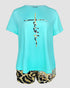 2 Pieces Outfit Graphic Pattern Short Sleeve Top and Casual Tie Dye Print Pants Set turquoise blue