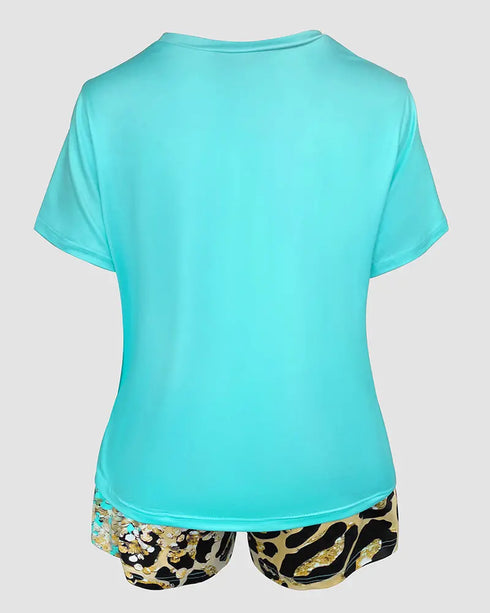 2 Pieces Outfit Graphic Pattern Short Sleeve Top and Casual Tie Dye Print Pants Set turquoise blue