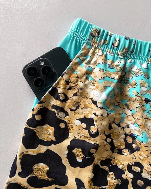 2 Pieces Outfit Graphic Pattern Short Sleeve Top and Casual Tie Dye Print Pants Set turquoise blue