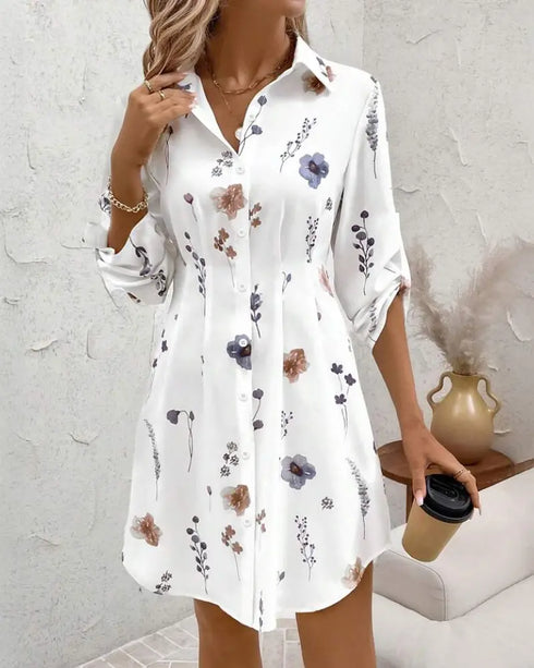 Butterfly Print Turn-down Collar Long Sleeve Casual Shirred Shirt Dress white