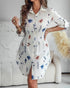 Butterfly Print Turn-down Collar Long Sleeve Casual Shirred Shirt Dress white