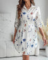 Butterfly Print Turn-down Collar Long Sleeve Casual Shirred Shirt Dress white