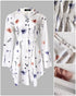 Butterfly Print Turn-down Collar Long Sleeve Casual Shirred Shirt Dress white