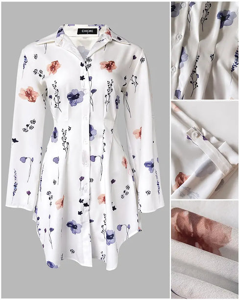 Abstract Print Turn-down Collar Turn-Up Sleeves Shirred Back Dress Casual Button Down Cinched Waist Curved Hem Shirt Dress white