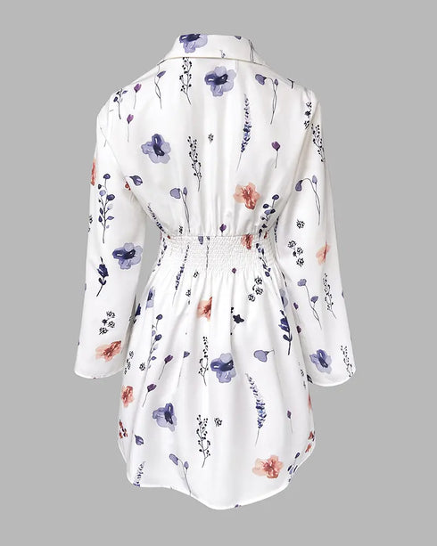Abstract Print Turn-down Collar Turn-Up Sleeves Shirred Back Dress Casual Button Down Cinched Waist Curved Hem Shirt Dress white