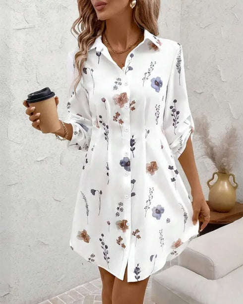 Abstract Print Turn-down Collar Turn-Up Sleeves Shirred Back Dress Casual Button Down Cinched Waist Curved Hem Shirt Dress white