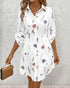 Abstract Print Turn-down Collar Turn-Up Sleeves Shirred Back Dress Casual Button Down Cinched Waist Curved Hem Shirt Dress white