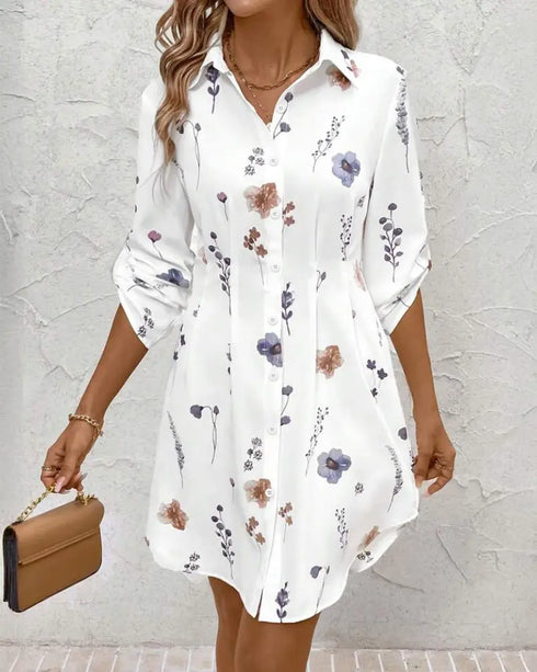 Butterfly Print Turn-down Collar Long Sleeve Casual Shirred Shirt Dress white