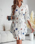 Floral Print Turn-down Collar Long Sleeve Casual Pressed Pleats Shirt Dress white