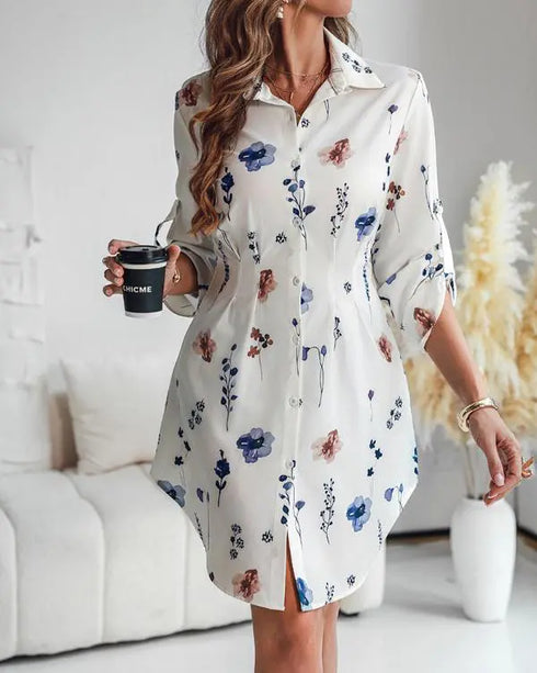 Abstract Print Turn-down Collar Turn-Up Sleeves Shirred Back Dress Casual Button Down Cinched Waist Curved Hem Shirt Dress white