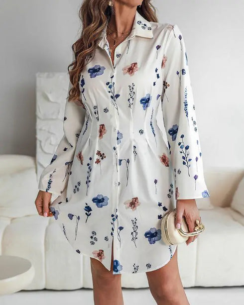 Butterfly Print Turn-down Collar Long Sleeve Casual Shirred Shirt Dress white