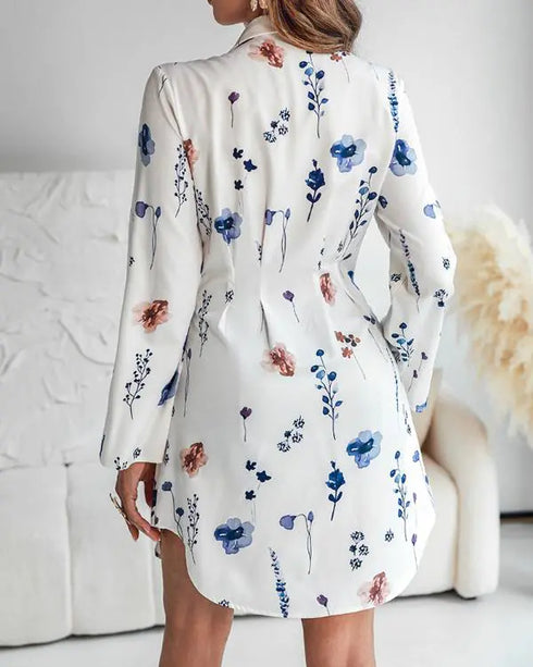 Floral Print Turn-down Collar Long Sleeve Casual Pressed Pleats Shirt Dress white