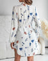 Floral Print Turn-down Collar Long Sleeve Casual Pressed Pleats Shirt Dress white