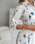 Floral Print Turn-down Collar Long Sleeve Casual Pressed Pleats Shirt Dress white