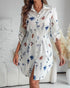 Abstract Print Turn-down Collar Turn-Up Sleeves Shirred Back Dress Casual Button Down Cinched Waist Curved Hem Shirt Dress white