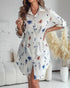 Abstract Print Turn-down Collar Turn-Up Sleeves Shirred Back Dress Casual Button Down Cinched Waist Curved Hem Shirt Dress white