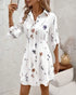Abstract Print Turn-down Collar Turn-Up Sleeves Shirred Back Dress Casual Button Down Cinched Waist Curved Hem Shirt Dress white