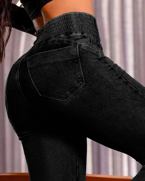 ChicMe CurveEase Back Shirred Button Front High Waist Jeans Skinny Flared Denim Jeggings black