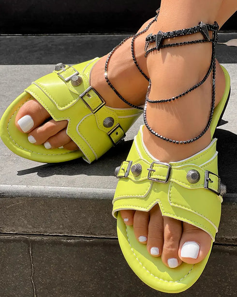 Buckle & Studded Decor Round Toe Flat Slippers For Spring Or Summer lvs green