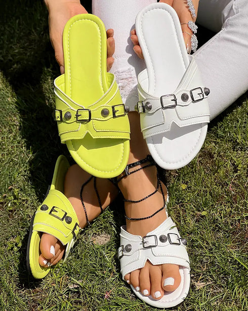 Buckle & Studded Decor Round Toe Flat Slippers For Spring Or Summer lvs green