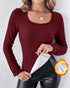 U-Neck Long Sleeve Ribbed Tops Fleece Lined Basic Layering Soft Thermal Tee (No Padding) Wine red