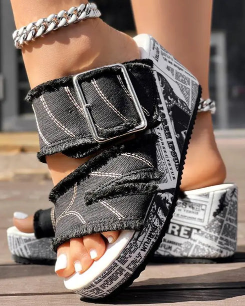 Newspaper Buckled Denim Wedge Slippers black