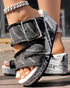 Newspaper Buckled Denim Wedge Slippers black