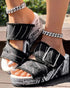 Newspaper Buckled Denim Wedge Slippers black